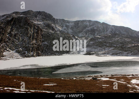 Anantnag, Indien. 24. Dezember 2016. Ansicht der gefrorenen See Chuharnag das Tal im Winter. Chohar Nag ist ein schönes Tal oberhalb von Margan Spitze der Bezirk Anantnag in Süd Kaschmir etwa 165 km südlich von Srinagar, der Sommerhauptstadt von Kaschmir auf einer Höhe von 15000 Fuß. Das Tal umfasst attraktive Wiesen und sehr große und schöne Federn von felsigen Bergen umgeben. "Chohar Nag" in Kaschmir Beiname bedeutet vier Federn. Bildnachweis: Muneeb Ul Islam/Pacific Press/Alamy Live-Nachrichten Stockfoto