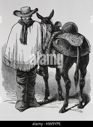 Typisch peruanische Reisenden mit Pferd. Traditionelle Kleidung. Um 1845, 19. Jahrhundert. Gravur, Abbildung. Stockfoto