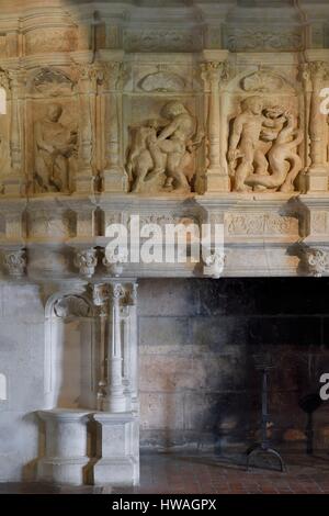 Frankreich, Dordogne, Périgord Vert, Villars, Puyguilhem Schloss, die große Halle mit Kamin-Darstellung die Arbeiten des Herkules Stockfoto