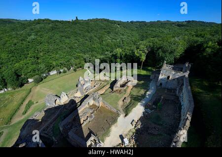 Frankreich, Dordogne, Perigord Noir, Les Eyzies de Tayac-Sireuil, La beun River Valley, Commarque Burgruine Stockfoto