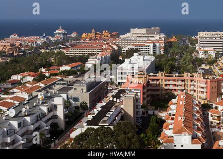 Spanien, Kanarische Inseln, Teneriffa, Playa de Las Americas, erhöhte Ansicht von Los Cristianos Stockfoto