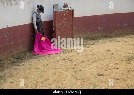 Spanien, Andalusien, Tomas Campo Lernenden Matador in der Stierkampfarena von Finca Los Alburejos, Mai 2016 Stockfoto