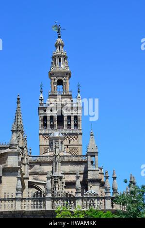 Spanien, Andalusien, Sevilla (Sevilla), Giralda Turm, ehemalige Almohaden Minarett der großen Moschee Glockenturm der Kathedrale umgewandelt, aufgeführt als W Stockfoto