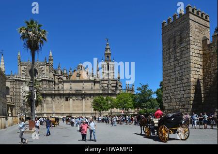 Spanien, Andalusien, Sevilla (Sevilla), Giralda Turm, ehemalige Almohaden Minarett der großen Moschee Glockenturm der Kathedrale umgewandelt, aufgeführt als W Stockfoto