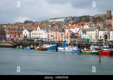 Angelboote/Fischerboote neben der North Wharf in Scarborough Hafen North Yorkshire England UK gebunden Stockfoto