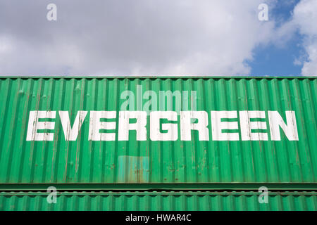Immergrüne 40 ft intermodal Container. Evergreen mit Hauptsitz in Taiwan ist eine globale Container-Freight-Reederei. Stockfoto