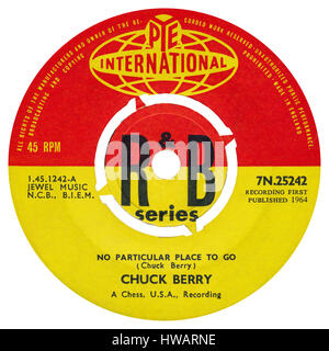 45 u/min 7' UK Plattenlabel von keinen bestimmten Ort To Go von Chuck Berry auf dem Etikett Pye International ab Mai 1964. Stockfoto