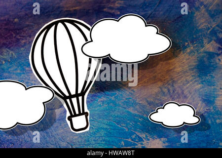 Heißluftballon und Wolken Illustration auf strukturiertem Hintergrund Stockfoto
