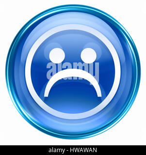 Smiley-Gesicht, unzufrieden blau isoliert auf weißem Hintergrund. Stockfoto