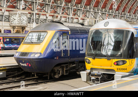 Great Western Railway HST Züge darauf warten, fahren am Bahnhof Paddington, London, UK Stockfoto