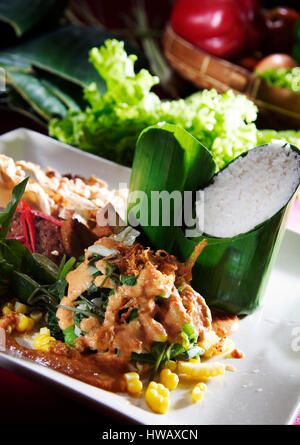 Gado-Gado, indonesisches Essen, Gemüse mit Erdnuss-Sauce servieren mit Reis Stockfoto