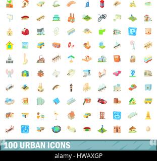 100 städtische Icons Set, Cartoon-Stil Stock Vektor