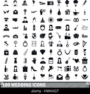 100 Hochzeit Icons Set, einfachen Stil Stock Vektor