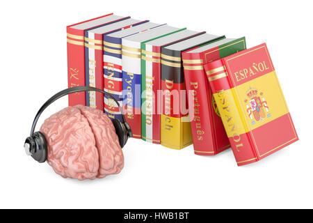 Kopfhörer mit Gehirn und Bücher, Sprachen lernen und Konzept zu übersetzen. 3D-Rendering Stockfoto