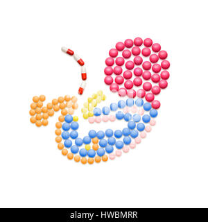 Kreative Medizin und Gesundheitswesen Konzept von Pillen, Ultraschalluntersuchung der IVF Retortenbaby, auf weißem Hintergrund. Stockfoto