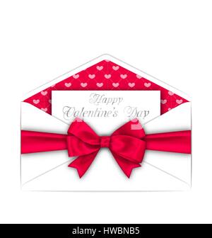 Umschlag mit Feier Karte und rosa Schleife Band für den Valentinstag Stock Vektor