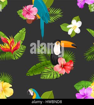 Nahtlose Muster mit exotischen Blumen und Vögel. Dschungel-Textur Stock Vektor