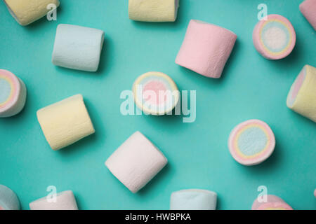 Draufsicht der Pastell farbigen Eibisch auf blauem Grund. Minimalismusstil. Stockfoto