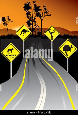 Australische Verkehrszeichen neben der Straße in den Sonnenuntergang Stock Vektor
