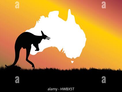 Karte von Australien mit auf Känguru im Vordergrund Stock Vektor