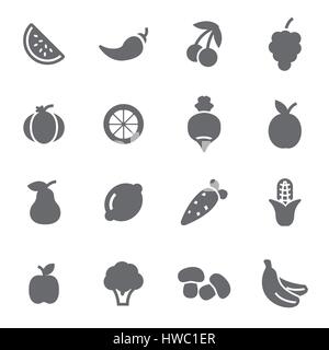 Vektor schwarz Obst- und Gemüse-Icons set auf weißem Hintergrund Stock Vektor