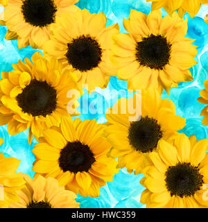 Retro-nahtlose Muster mit Foto Sonnenblumen auf Aquarell blaugrün Stockfoto