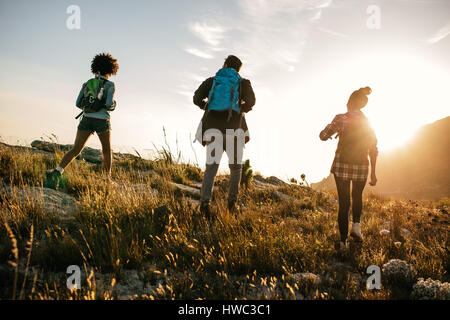 Drei junge Freunde auf ein Land gehen. Gruppe von Personen, die an Sommertagen durch die Landschaft wandern. Stockfoto