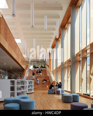 Leseecke mit Amphitheater Treppen- und großzügige Verglasung. St. Swithin School, Winchester, Vereinigtes Königreich. Architekt: Walters und Cohen Ltd, 2017. Stockfoto