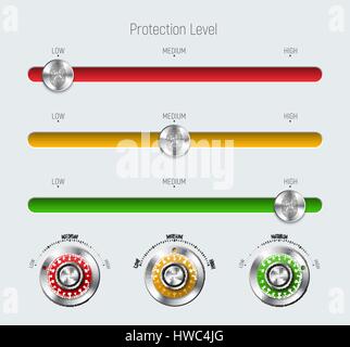 Regler mit für eine Website oder Anwendung zu entwerfen. Vorlagen von rot, gelb und grün mit einem Maß an Schutz, ein Fingerabdruck und eine mechanische Metall Stock Vektor