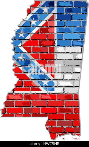 Mississippi-Karte auf eine Mauer - Illustration, der Bundesstaat Mississippi Karte mit Flagge im Inneren Stock Vektor