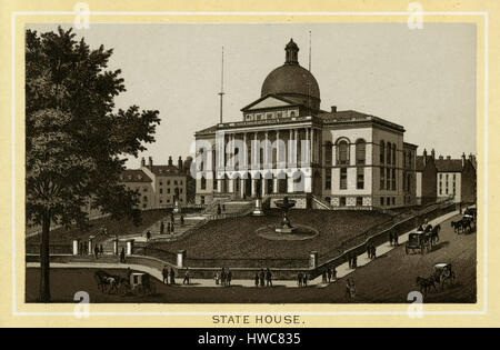 Antike 1883 monochromen Drucken aus einem Souvenir-Album, zeigt das Massachusetts State House. Das Massachusetts State House, auch bekannt als das Massachusetts State House oder das New State House ist das State Capitol und Sitz der Regierung des Commonwealth of Massachusetts, befindet sich im Stadtteil Beacon Hill/Downtown Boston. Bedruckt mit der Lithographie Glaser/Frey,-Mehrleisten Lithographie in Deutschland entwickelt. Stockfoto