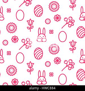 Ostern Gliederung Symbol nahtlose Vektormuster. Rosa Linie Style monochrome Ei und Hase Hintergrund. Stock Vektor