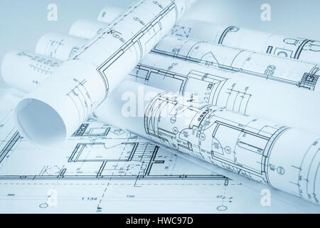 Architekt Rollen und Haus Pläne, Nahaufnahme Stockfoto