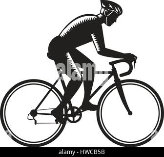 Illustration der Radfahrer tragen Helm Fahrrad Radfahren Mountainbike Rennen gesehen von der Seite am isolierten weißen Hintergrund getan in Retro-w Stock Vektor