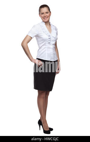 Volles Gesicht einer jungen Frau, gekleidet in Office-Format in voller Länge isoliert auf weißem Hintergrund. Stockfoto