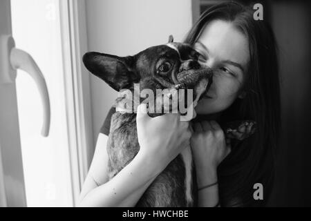 schöne Frau mit kleiner Hund spielen Stockfoto