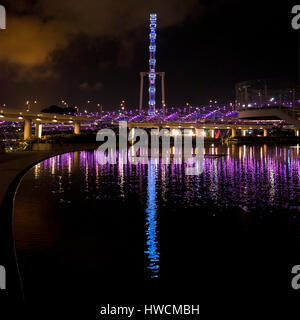 Blick auf das Riesenrad Singapore Flyer und Helix-Brücke in der Nacht Platz. Stockfoto