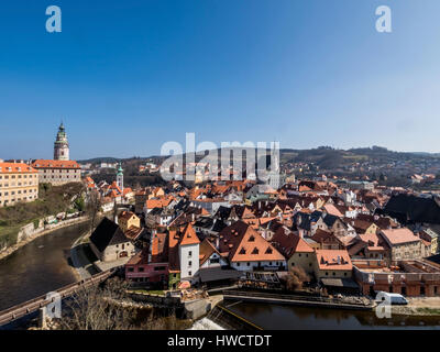 Tschechien, Krumau. UNESCO-Weltkulturerbe. Cesky Krumlov. Blick von der Burg auf die Stadt., stilsicheren, Krumau. UNESCO-Weltkulturerbe. Cesky Krum Stockfoto