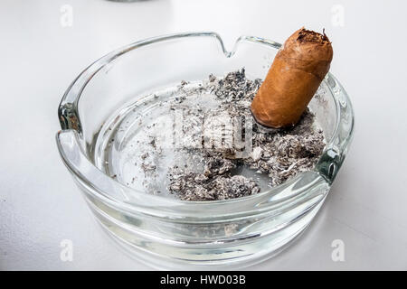 Eine fast fertig geräucherten Zigarre in einem Aschenbecher aus Glas, Eine schnelle Fertig Gerauchte Herbst in Einem Aschenbecher aus Glas Stockfoto