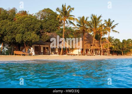 Tanzania, Zanzibar, Chapwani, Chapwani Private Island Resort, Server eines Luxus-Hotels mit einem Willkommens-Cocktail am Strand Stockfoto