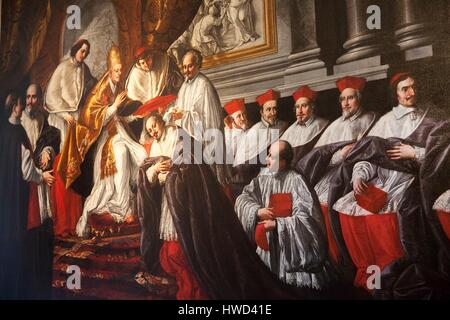 Italien, Latium, Rom, Piazza Navona, Palazzo Braschi, Museo di Roma, Pier Leone Ghezzi, Innocenzo X Pamphilj conferisce il cappello cardinalizio ein Fabio Chigi, 1724, als Weltkulturerbe von der UNESCO Stockfoto