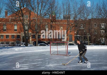 Kanada, Quebec Provinz, Montreal, Eishockey-Spieler auf dem Eis auf einer Eisbahn im Bereich des Plateaus Stockfoto