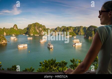 Vietnam, Golf von Tonkin, Provinz Quang Ninh, Ha Long Bay (Vinh Ha Long) als Weltkulturerbe der UNESCO (1994), iconic Landschaft der Karst Landschaftsformen, die Aussicht von oben von Ti Top Insel Stockfoto