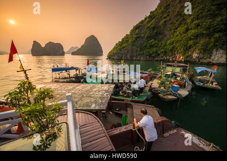 Vietnam, Golf von Tonkin, Quang Ninh Provinz, Ha Long Bay (Vinh Ha Long) Weltkulturerbe von der UNESCO (1994), schwimmenden Markt bei Sonnenuntergang Stockfoto
