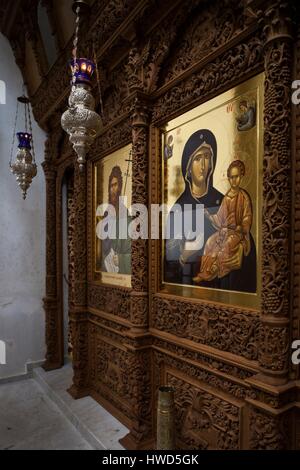 Griechenland, Mazedonien Zentralregion, Litohoro, Olymp, Kloster Agios Dionysios, innere Symbole Stockfoto