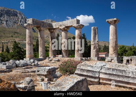 Griechenland, Peloponnes Region, Corinth, antike Korinth, Apollo-Tempel Stockfoto