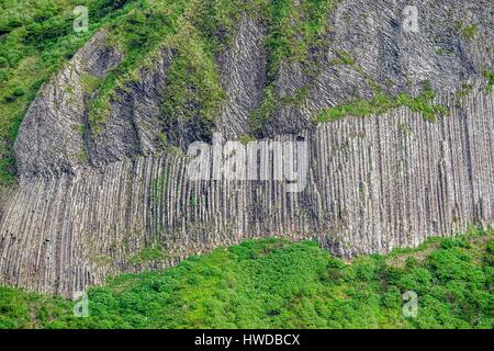 Portugal, Azoren Archipel, Flores Island, Rocha dos Bordoes, geologische Phänomen von der Basalt Erstarrung bilden hohe vertikale Spalten gebildet Stockfoto