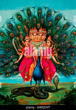 Hindu-Gottheit Karktikeya oder Murugan mit seiner Gemahlinnen auf seinem Vahana Pfau. Raja Ravi Varma Stockfoto