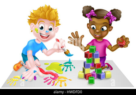 Cartoon Jungen und Mädchen spielen mit Spielzeug, mit Farben und Spielzeug Bausteine Stockfoto