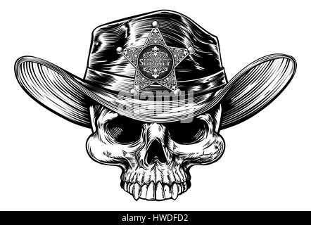 Cowboy Totenkopf Wering einen Cowboyhut mit einem Sheriffstern Abzeichen Zeichnung in einem Vintage retro-Holzschnitt, geätzt oder graviert Stil Stockfoto